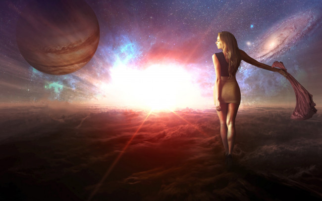 Обои картинки фото разное, компьютерный дизайн, планеты, шарф, идёт, облака, девушка