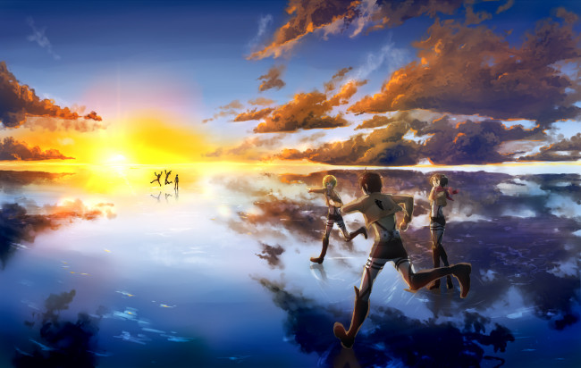 Обои картинки фото аниме, shingeki no kyojin, армин, эрен, микаса