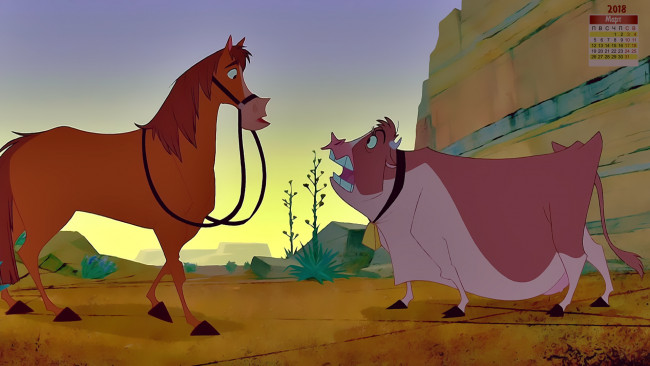 Обои картинки фото календари, кино,  мультфильмы, конь, разговор, корова, 2018