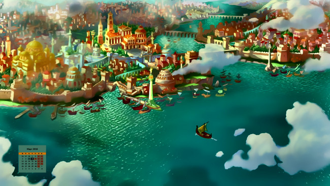 Обои картинки фото календари, кино,  мультфильмы, здание, город, парусник, водоем, 2018