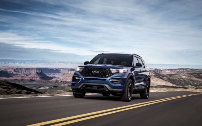 Обои картинки фото 2020 ford explorer st, автомобили, ford, форд, американские, внедорожник, синий, новый, вид, спереди