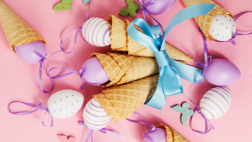 обоя праздничные, пасха, крашенки, лента, бант, вафельный, рожок