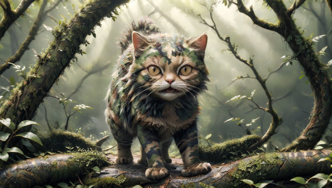 Обои картинки фото рисованное, животные,  коты, нейросети, графика, нейроарт, ai, art, нейронные, сети, рисунки, нейро, искусство, нейрографика, graphics, neuroart, neural, networks, drawings, neuro, neurography, кот, ветви, лес