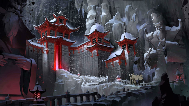 Обои картинки фото рисованное, кино,  мультфильмы, путник, лестница, снег, зима, храм, посох