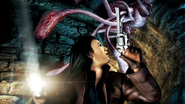 Обои картинки фото видео игры, alone in the dark 4, парень, пистолет, фонарь, монстр