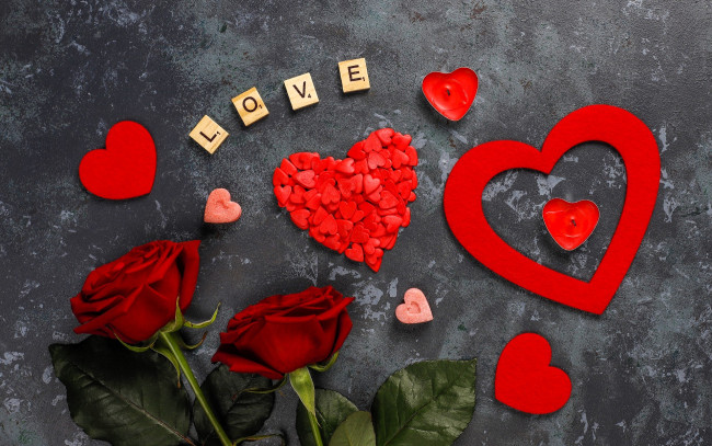 Обои картинки фото праздничные, день святого валентина,  сердечки,  любовь, розы, сердечки, надпись