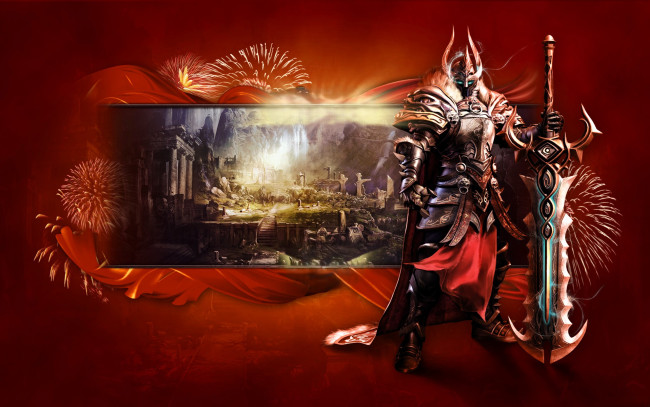 Обои картинки фото видео игры, mummy online, воин, доспех, меч, салют, развалины