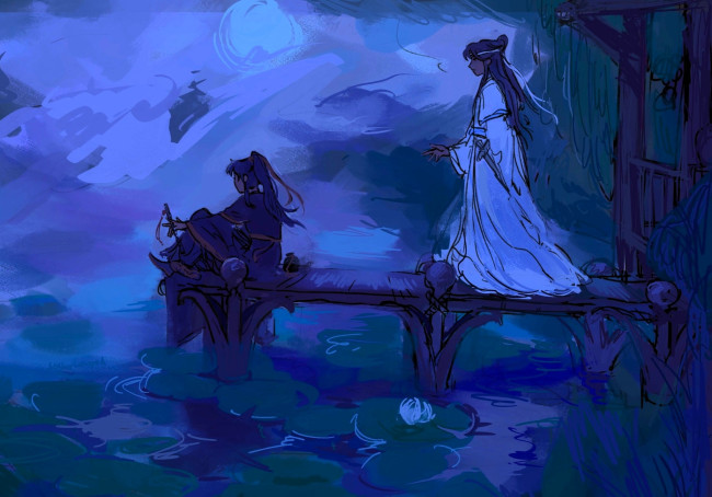 Обои картинки фото аниме, mo dao zu shi, вэй, усянь, лань, ванцзи, причал, озеро