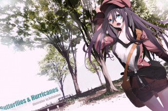 Картинка аниме *unknown другое длинные волосы высокое разрешение открытый рот девушка кепка сумка куртка шорты голубые глаза дерево