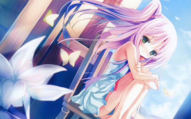 Обои картинки фото аниме, *unknown, другое, девушка, локоны, ветер, улыбка, платье, небо, бабочки, цветок