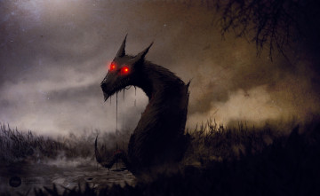 Картинка фэнтези оборотни монстр существо красные глаза