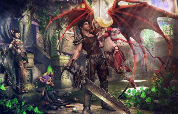 Картинка 3д+графика fantasy+ фантазия двор замок виноград лучница девушки демоница крылья меч парень