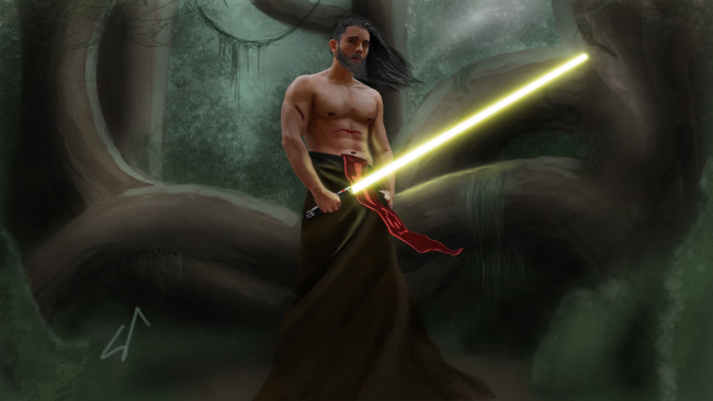 Обои картинки фото фэнтези, люди, мужчина, лес, оружие