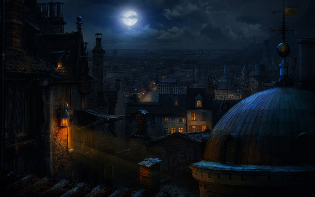 Обои картинки фото 3д графика, architecture , архитектура, флюгер, фонарь, купол, ночь, город