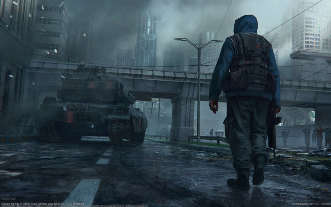 Обои картинки фото dennis chan, фэнтези, люди, танк, мост, город, dennis, chan