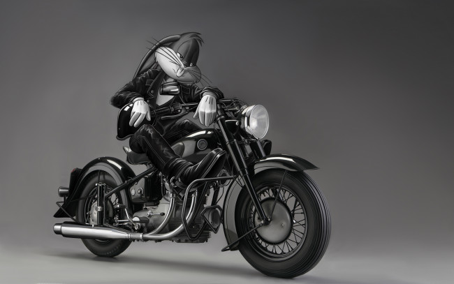 Обои картинки фото looney tunes, мультфильмы, looney, tunes, луни, тюнз, весёлые, мелодии, харлей, мотоцикл, багз, банни, кролик