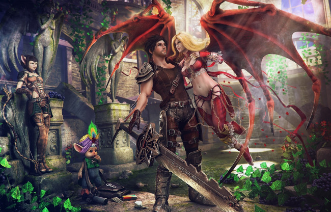 Обои картинки фото 3д графика, fantasy , фантазия, двор, замок, виноград, лучница, девушки, демоница, крылья, меч, парень