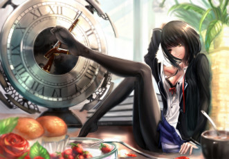 Картинка аниме date+a+live чашка вилка цветок роза часы растение комната окно ружье оружие kikivi tokisaki kurumi кекс ягода клубника еда нижнее белье лента рубашка юбка девушка