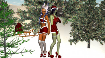 Картинка 3д+графика существа+ creatures санки ели лес зима фон взгляд халки