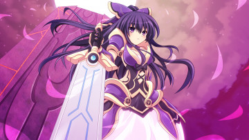 Картинка аниме date+a+live yatogami tohka cross crossryou девушка воин меч оружие доспехи броня бант стена лепестки луна небо облака