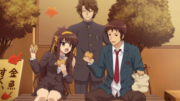 Картинка аниме the+melancholy+of+haruhi+suzumiya парни suzumiya haruhi kyon koizumi itsuki девушка еда
