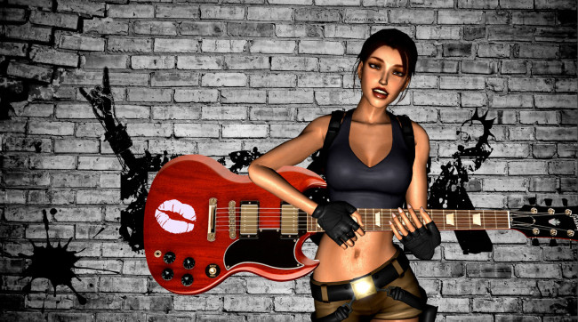 Обои картинки фото 3д графика, люди , people, гитара, фон, взгляд, девушка