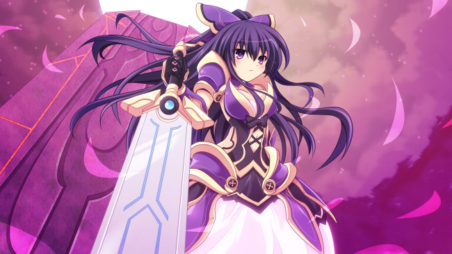 Обои картинки фото аниме, date a live, yatogami, tohka, cross, crossryou, девушка, воин, меч, оружие, доспехи, броня, бант, стена, лепестки, луна, небо, облака