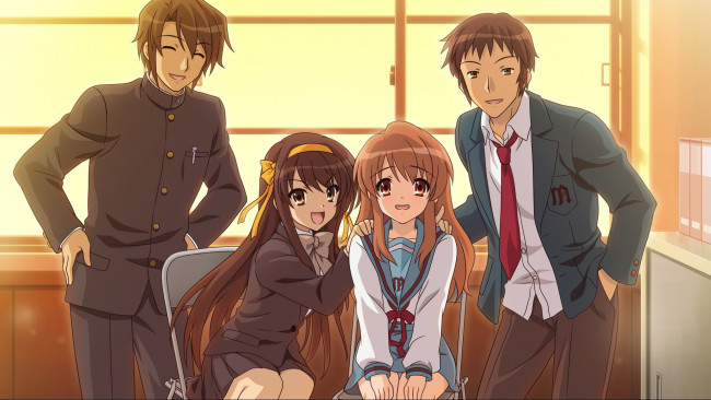 Обои картинки фото аниме, the melancholy of haruhi suzumiya, парни, девушки