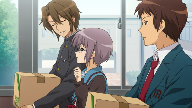 Обои картинки фото аниме, the melancholy of haruhi suzumiya, nagato, yuki, kyon, koizumi, itsuki