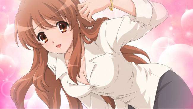 Обои картинки фото аниме, the melancholy of haruhi suzumiya, рыжая, рубашка, взгляд, девушка, asahina, mikuru