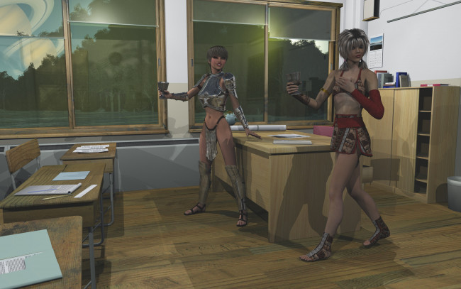 Обои картинки фото 3д графика, люди , people, стулья, столы, фон, взгляд, бокалы, девушки