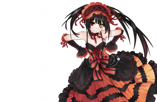 Обои картинки фото аниме, date a live, tokisaki, kurumi, девушка, платье, чепец, повязка, ленты, часы, украшение