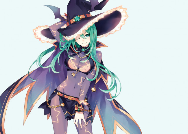 Обои картинки фото аниме, date a live, ведьма, tsunako, девушка, костюм, звезда, natsumi, цепочка, шляпа, крылья, плащ, камень, украшение, ремень