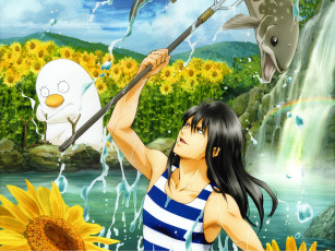 Картинка аниме gintama существо водопад тризубец рыбалка kotaro katsura elizabeth гинтама silver soul эйфория брызги подсолнухи радуга
