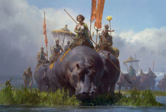 Картинка фэнтези люди иной мир племя бегемоты девушка воины