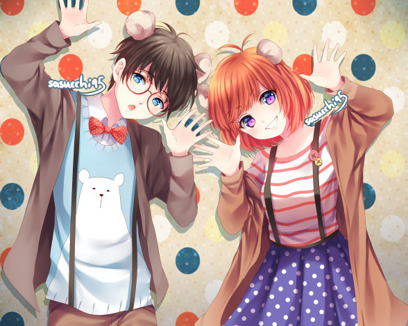 Обои картинки фото аниме, unknown,  другое, парень, фон, взгляд, девушка