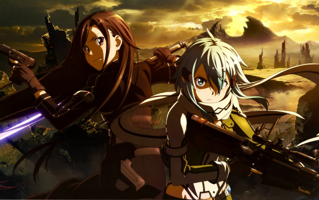 Обои картинки фото аниме, sword art online, кирито, девочки