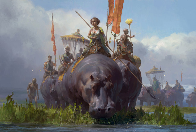 Обои картинки фото фэнтези, люди, иной, мир, племя, бегемоты, девушка, воины
