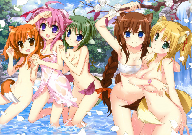 Обои картинки фото аниме, животные,  существа, цветы, грудь, ветка, фон, взгляд, девушки