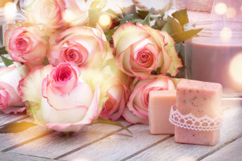 Картинка цветы розы свечи букет