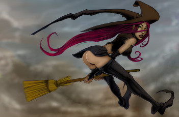 Картинка рисованное комиксы девушка фон взгляд метла полёт