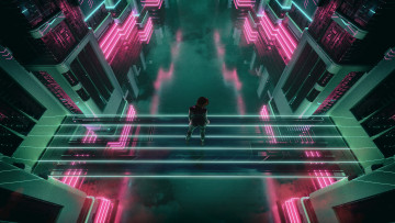 Картинка фэнтези иные+миры +иные+времена мост высота девушка город огни здания