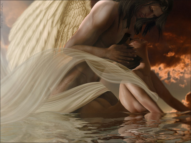Обои картинки фото фэнтези, ангелы, облака, страсть, крылья, вода, ангел, девушка, мужчина, пара