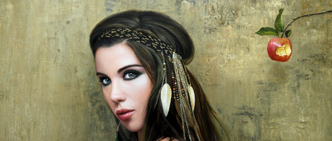 Обои картинки фото рисованное, люди, яблоко, взгляд, фон, девушка