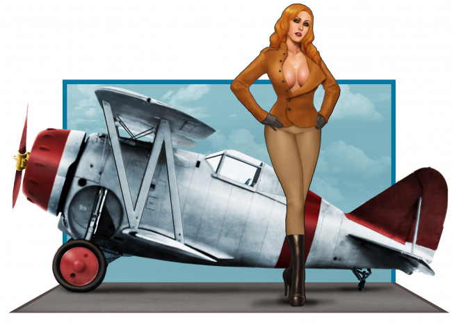 Обои картинки фото рисованное, люди, девушка, фон, взгляд, самолёт