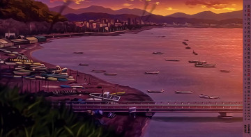 Картинка календари рисованные +векторная+графика водоем мост лодка побережье