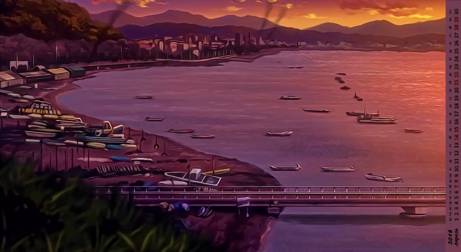 Обои картинки фото календари, рисованные,  векторная графика, водоем, мост, лодка, побережье