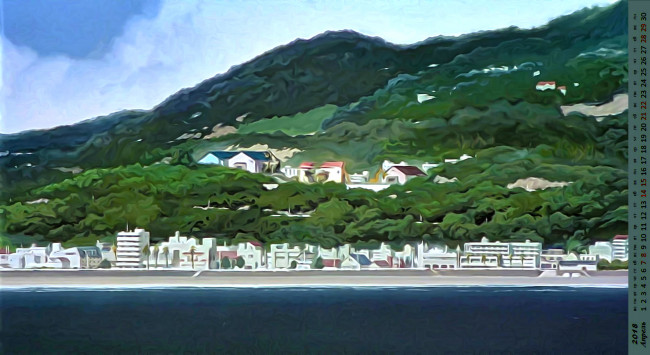 Обои картинки фото календари, рисованные,  векторная графика, здание, дерево, гора, водоем