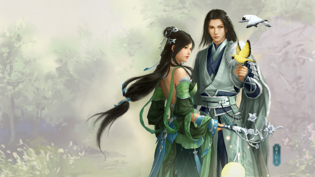 Обои картинки фото фэнтези, люди, птицы, взгляд, кимоно, фон, мужчина, девушка