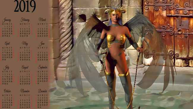 Обои картинки фото календари, 3д-графика, рога, девушка, крылья, ворота